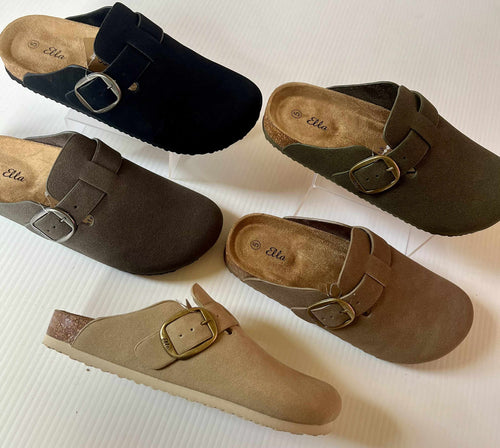 Faux Suede Mules with Buckle Detail