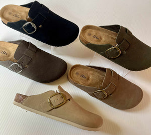 Faux Suede Mules with Buckle Detail