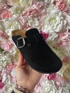 Faux Suede Mules with Buckle Detail