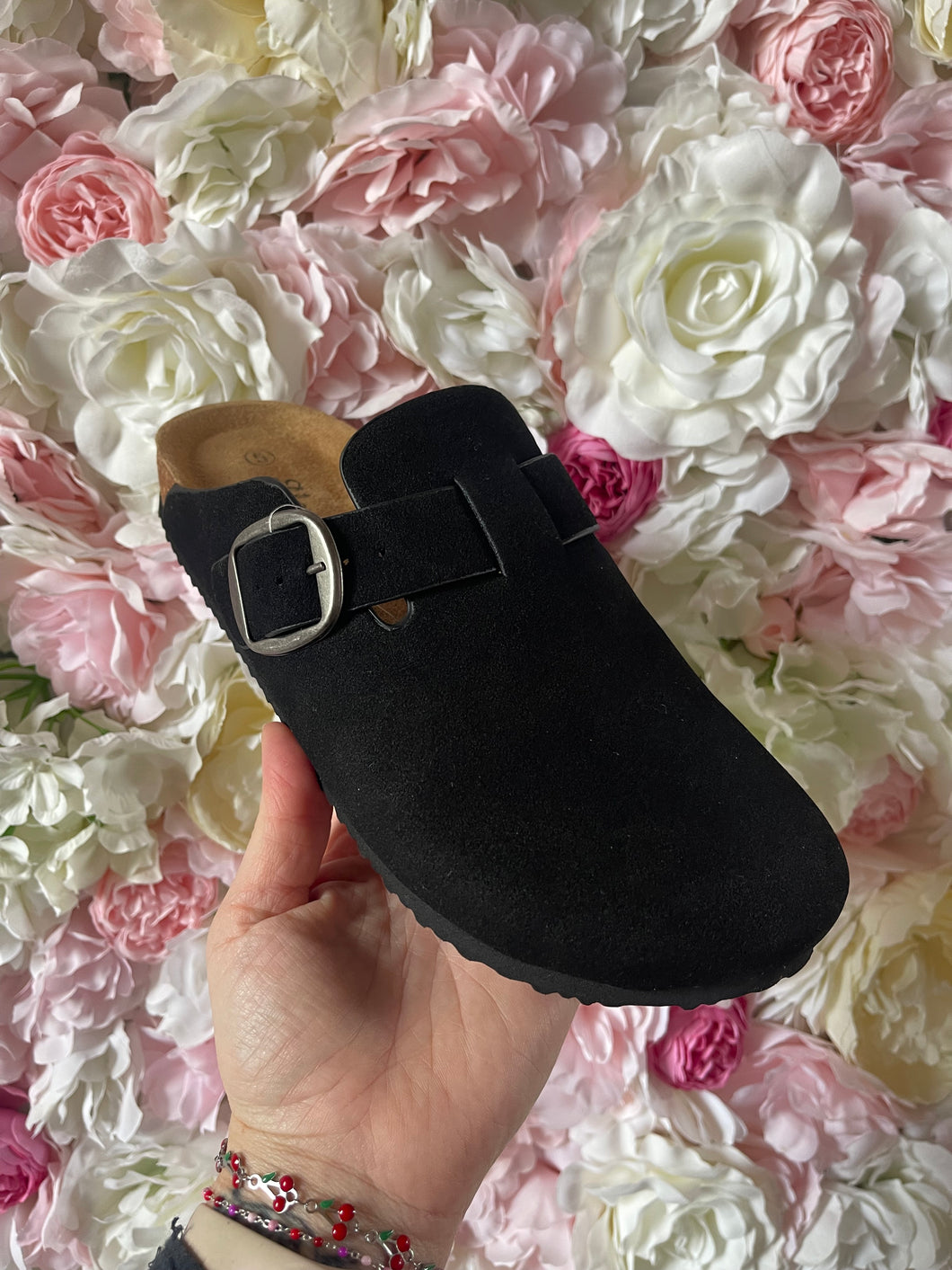 Faux Suede Mules with Buckle Detail