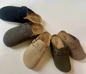 Faux Suede Mules with Buckle Detail