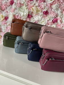 Double Zip Crossbody Bag with Funky Strap and Zippered Pouch