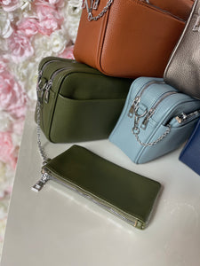 Double Zip Crossbody Bag with Funky Strap and Zippered Pouch