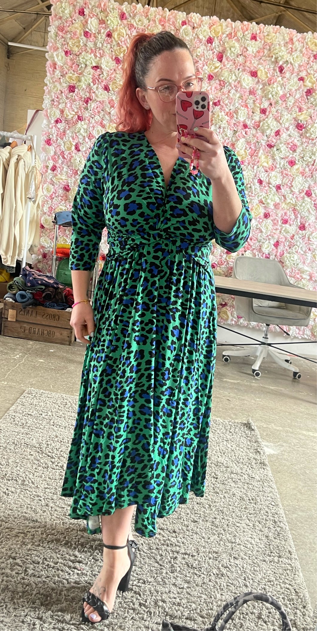 Green with Royal Blue Leopard Print Knot Front Dress