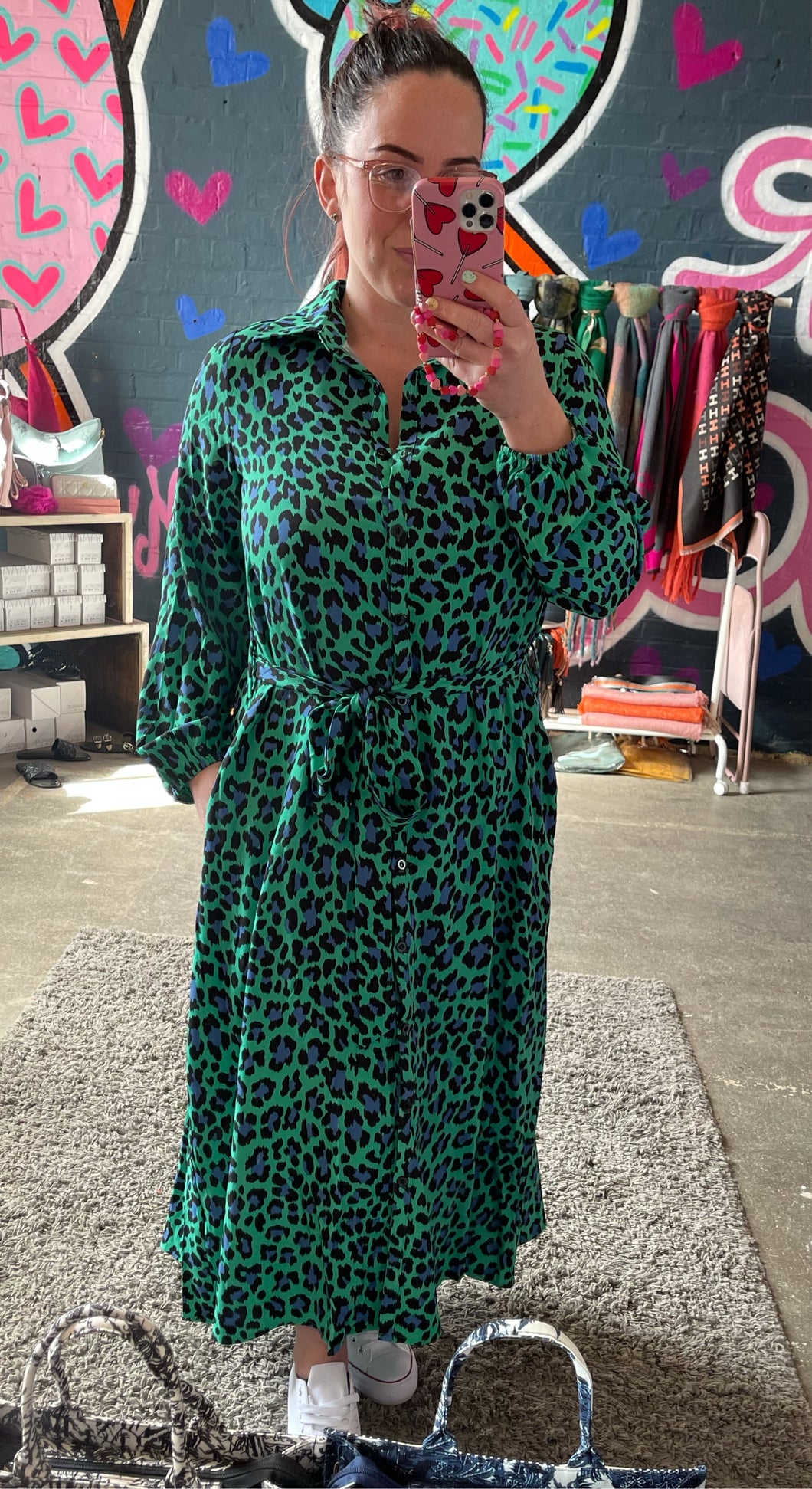 Green Bold Leopard Print Shirt Dress