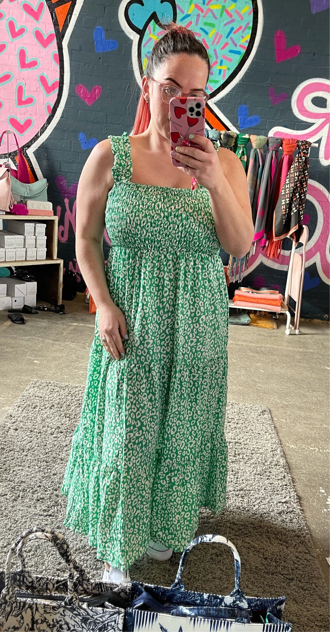 Green Small Leopard Print Shirred Dress